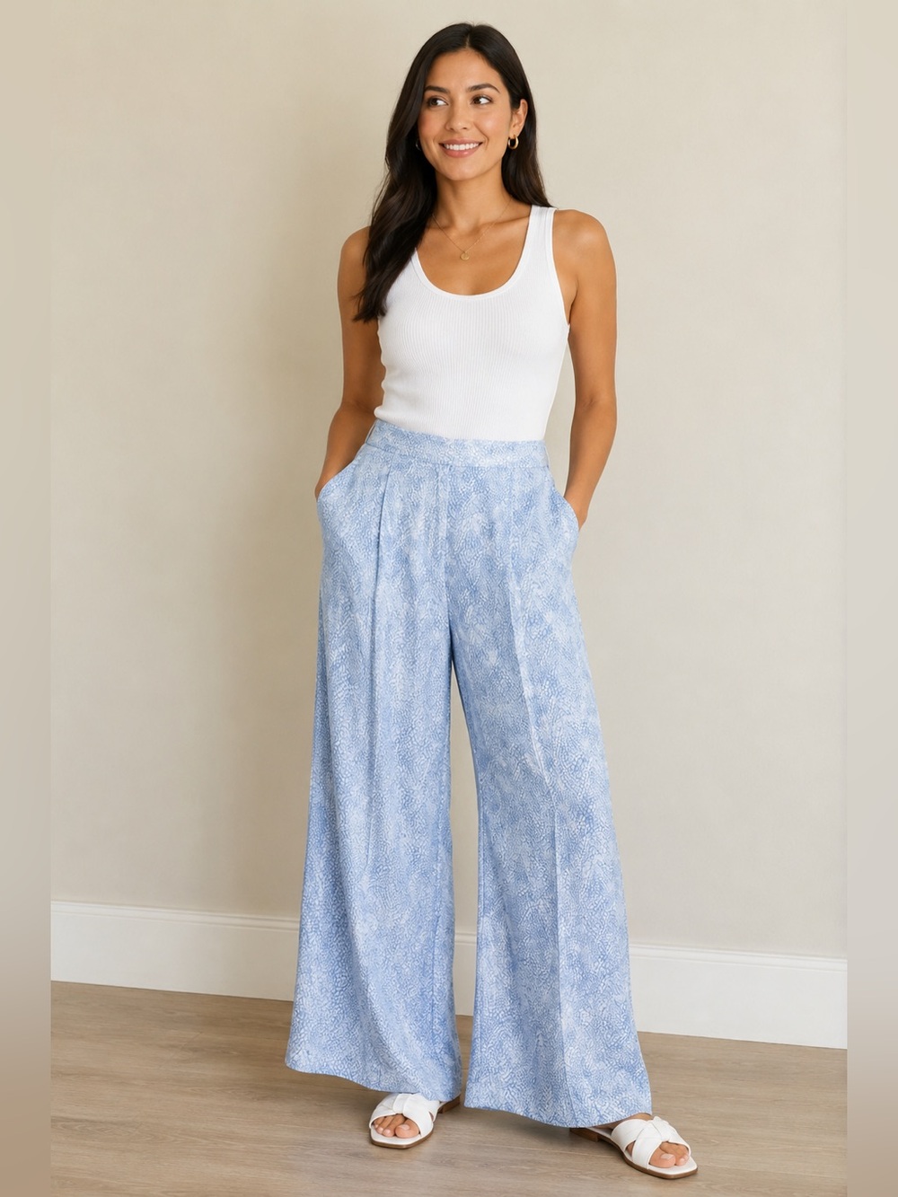 MICHAEL Michael Kors Chambray Petal Wide Leg Satin Pleated Pants Size Large NWT